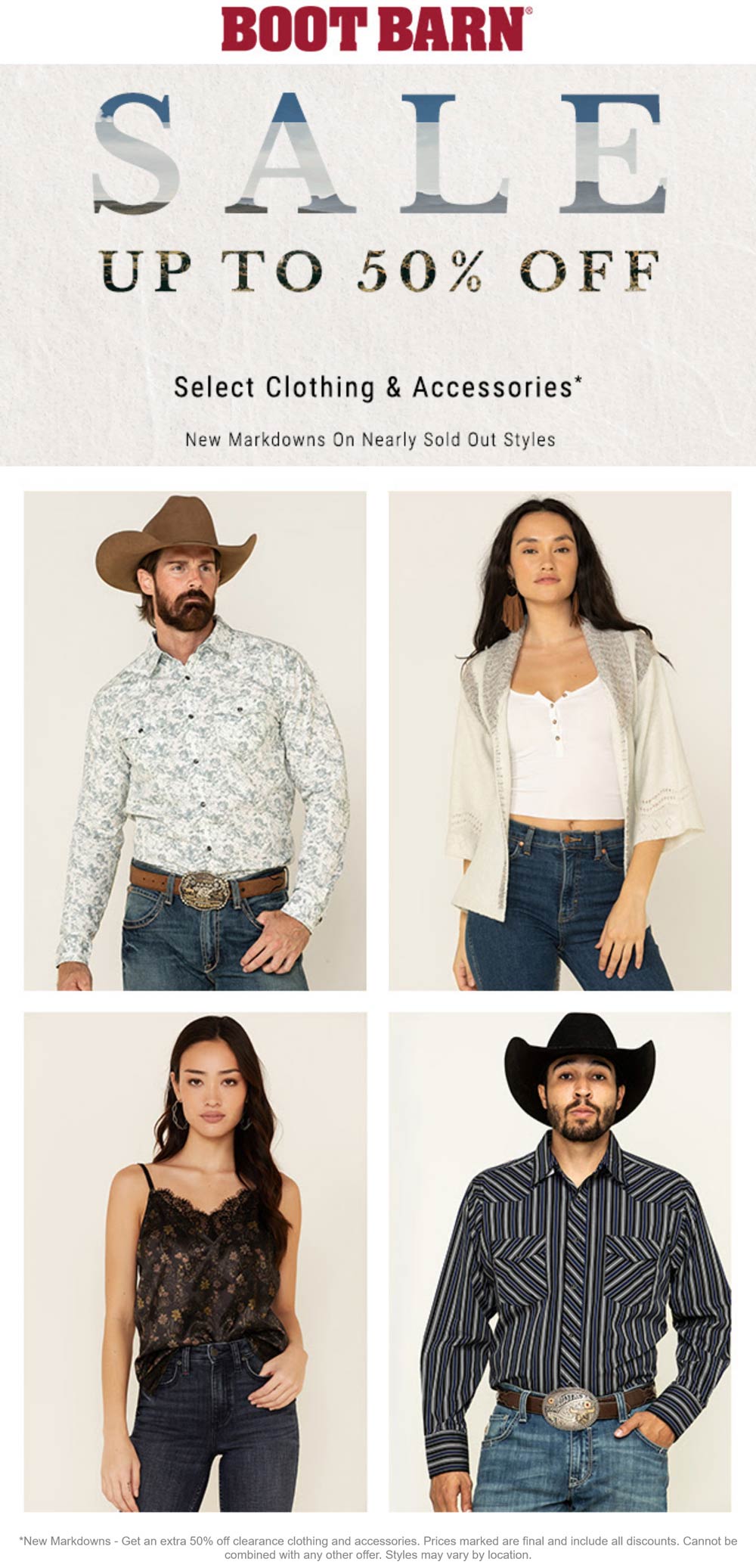 Extra 50 off clearance clothing and accessories at Boot Barn, ditto