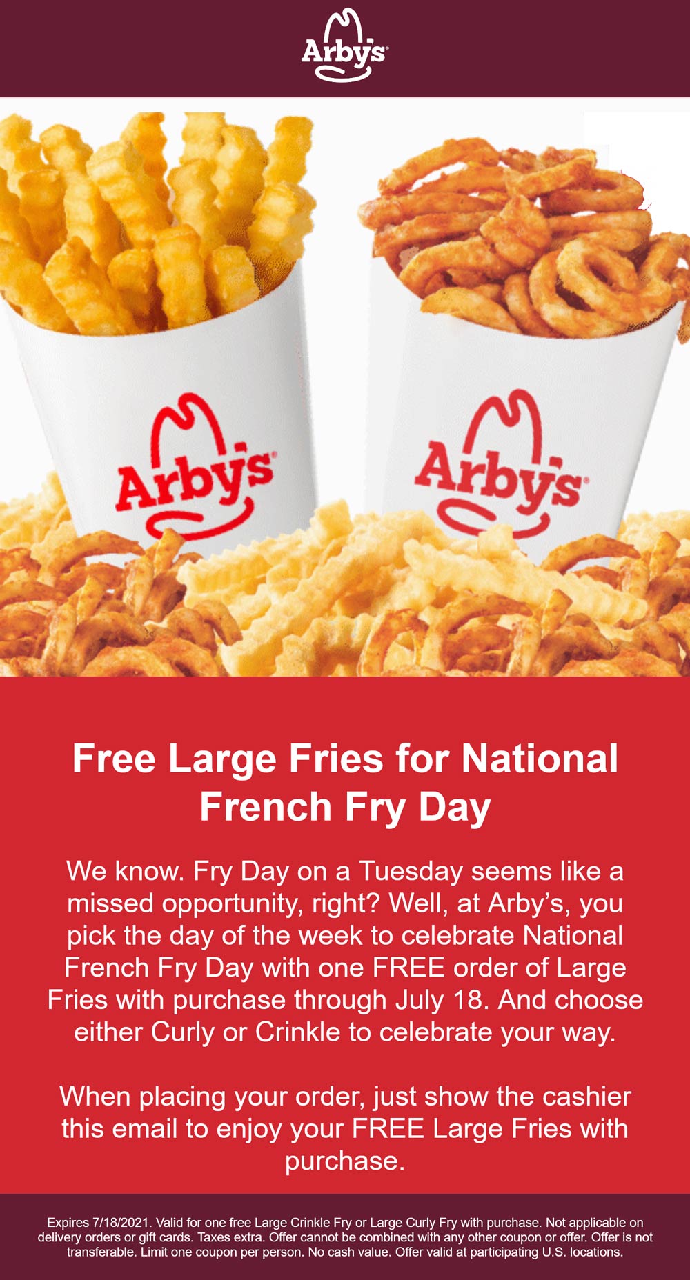 Arbys restaurants Coupon  Free large fries with your order at Arbys restaurants #arbys 