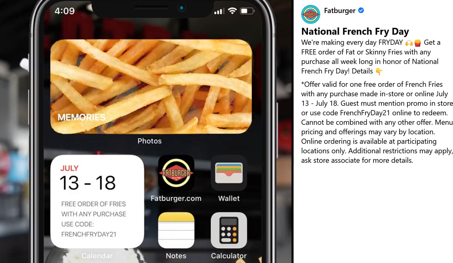 Fatburger restaurants Coupon  Free fries all week at Fatburger restaurants via promo code FrenchFryDay21 #fatburger 