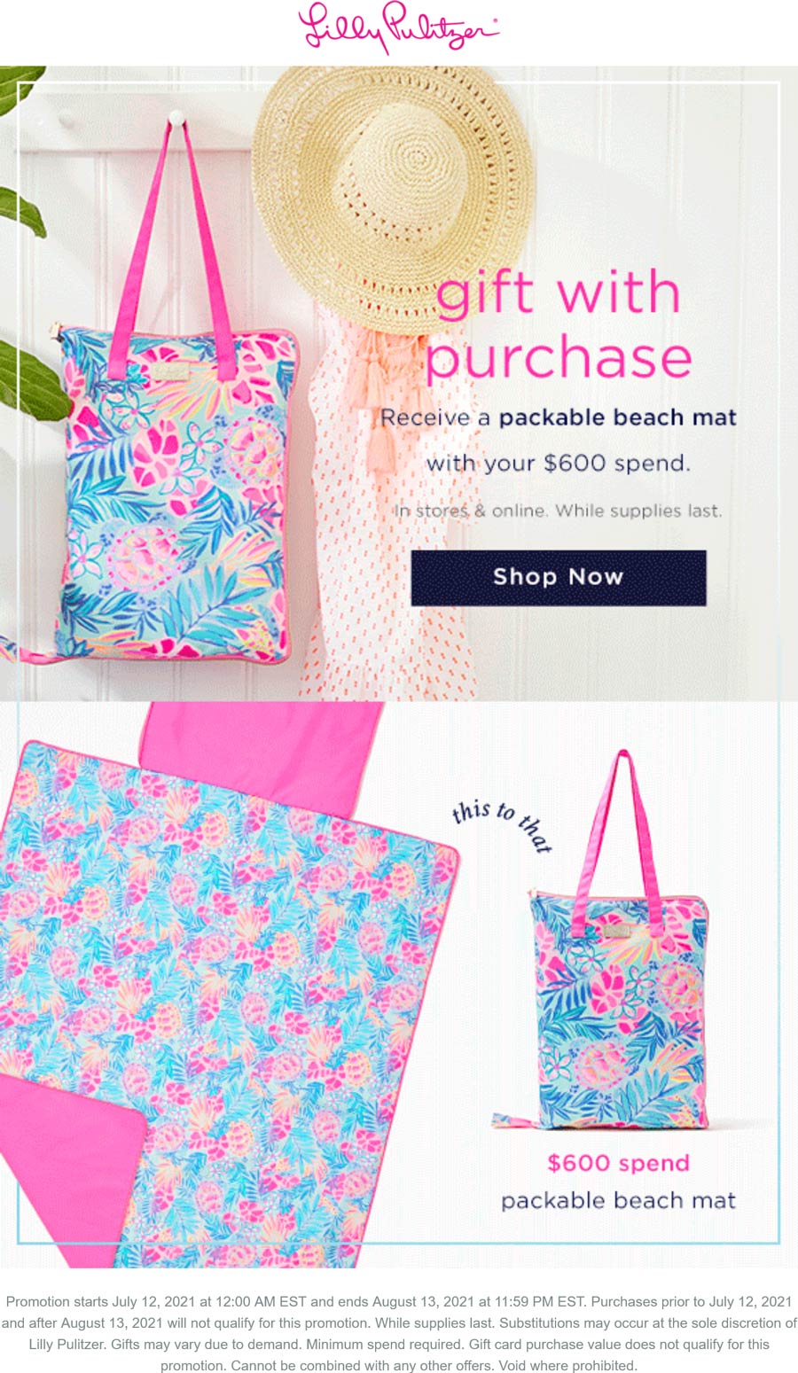Free packable beach mat with 600 spent at Lilly Pulitzer, ditto online