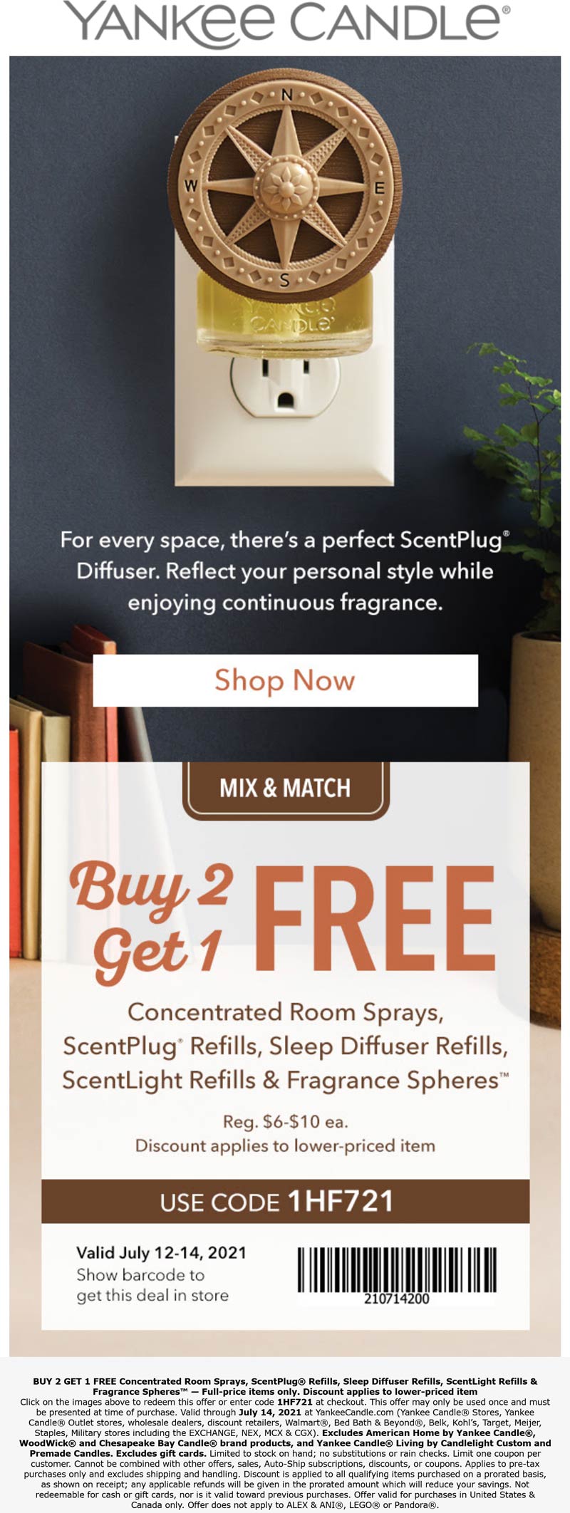 Yankee Candle stores Coupon  3rd room spray or refill free at Yankee Candle, or online via promo code 1HF721 #yankeecandle 