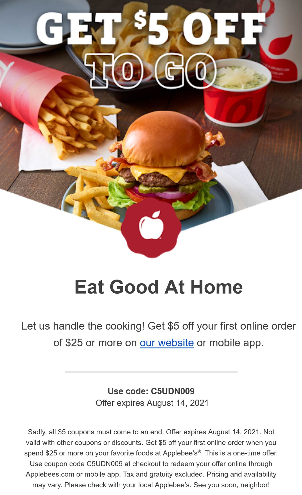 5 off first 25 online order at Applebees restaurants via promo code