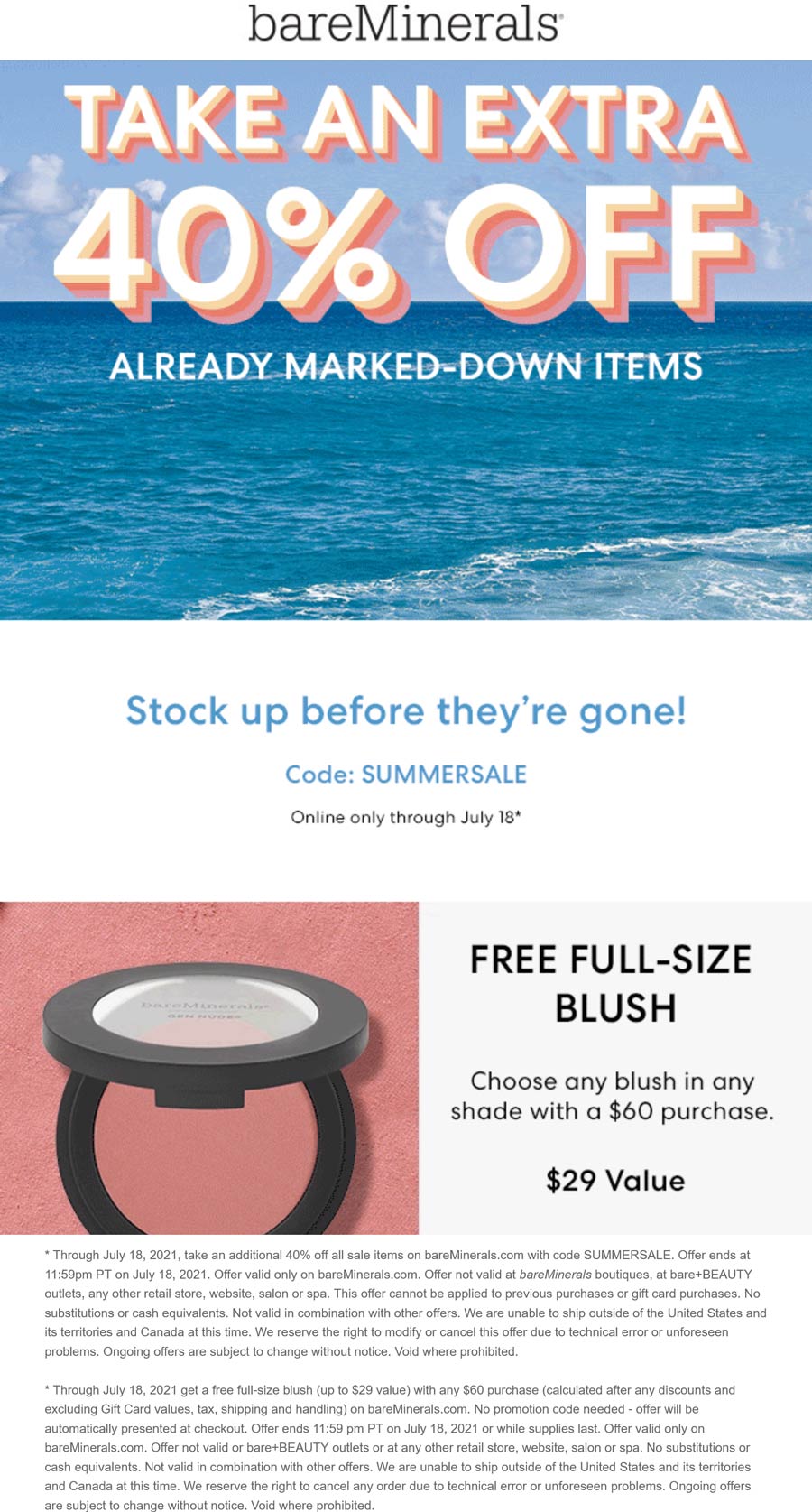 bareMinerals stores Coupon  Extra 40% off sale items at bareMinerals via promo code SUMMERSALE #bareminerals 