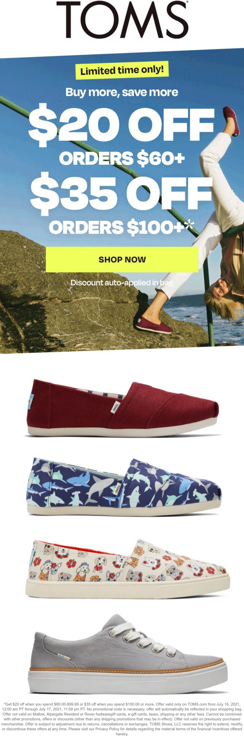 TOMS stores Coupon  $20-$35 off $60+ at TOMS shoes #toms 