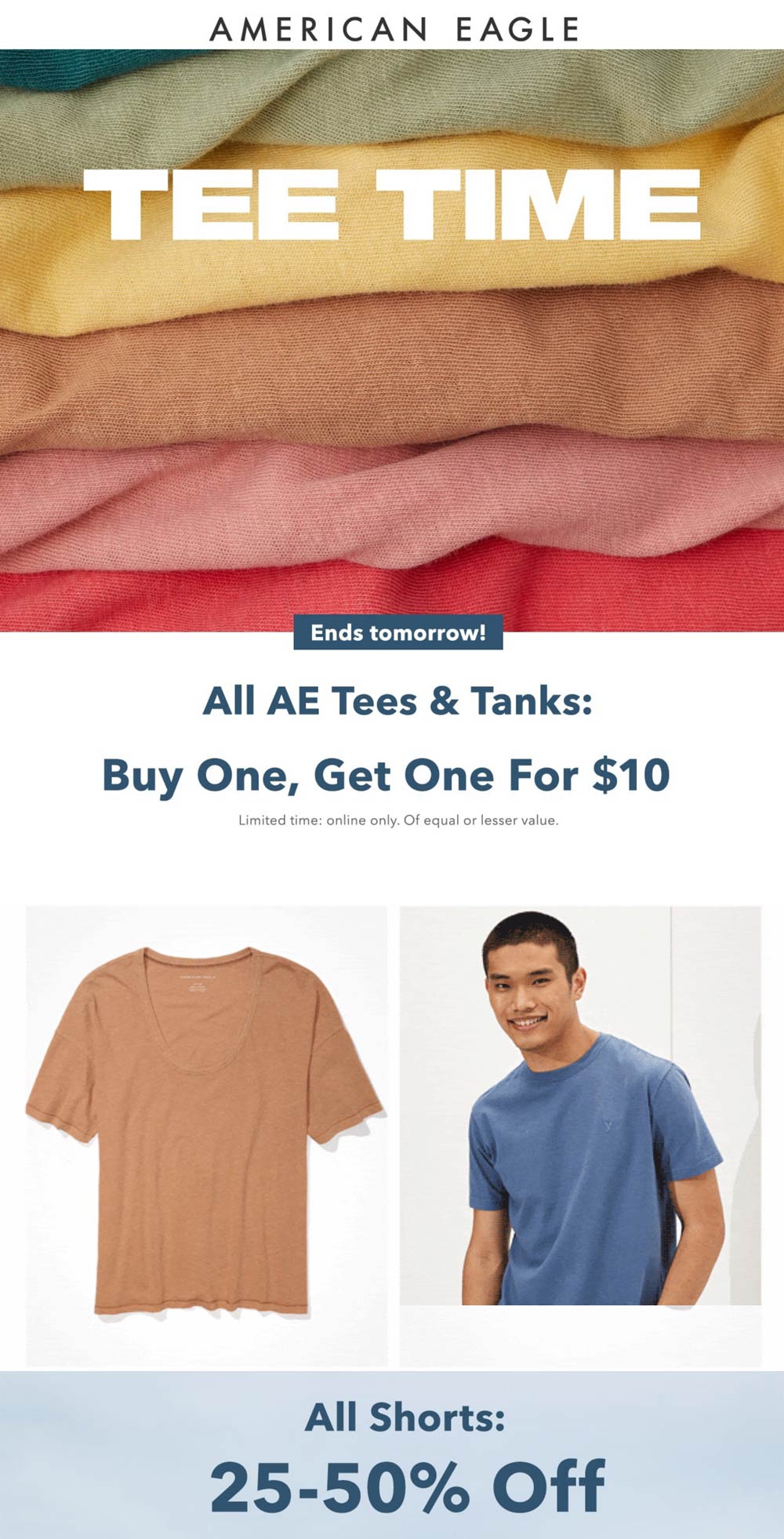 American Eagle stores Coupon  25% off all shorts & second tee or tank $10 at American Eagle #americaneagle 