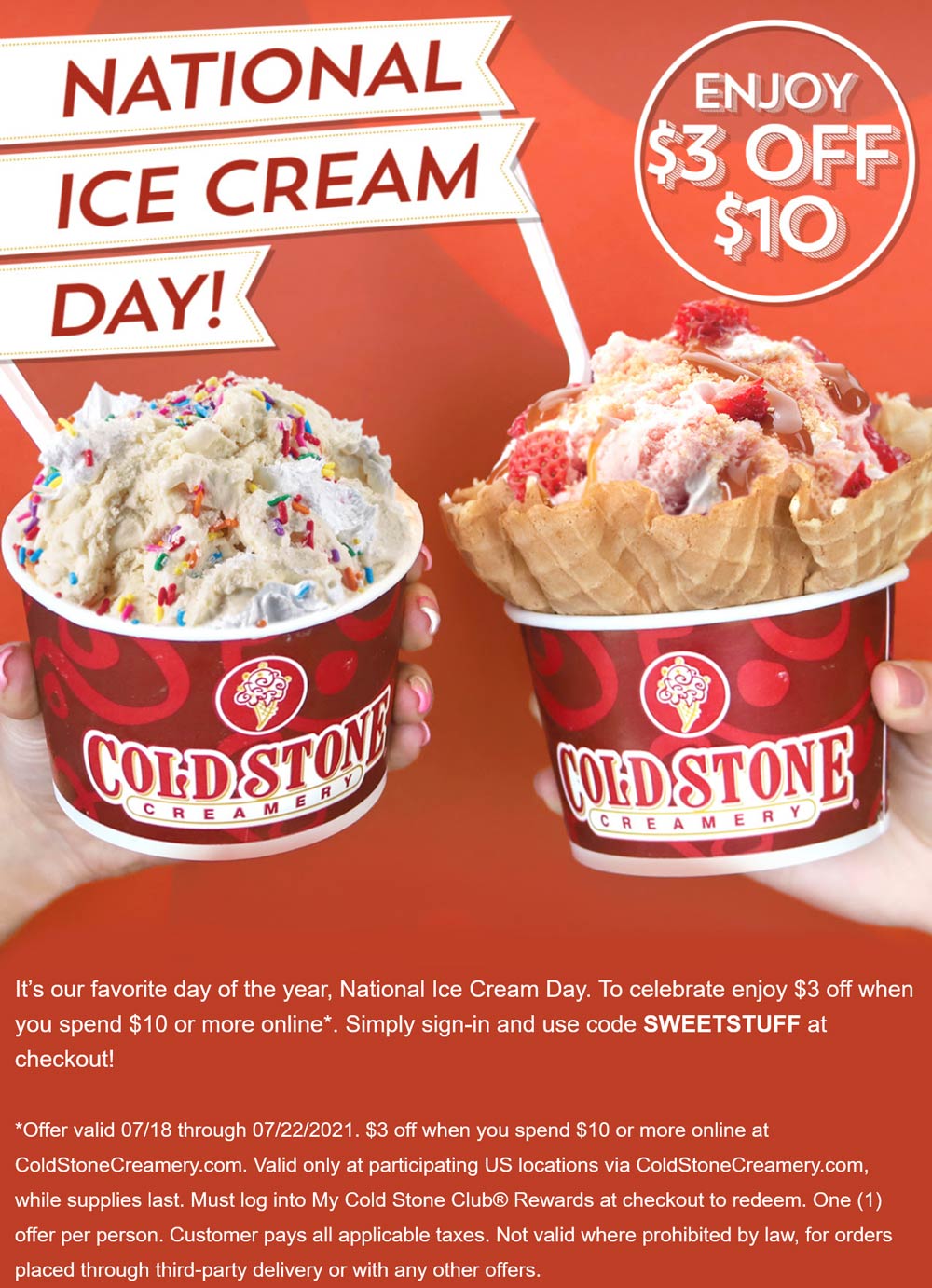 Cold Stone Creamery restaurants Coupon  $3 off $10 at Cold Stone Creamery ice cream via promo code SWEETSTUFF #coldstonecreamery 