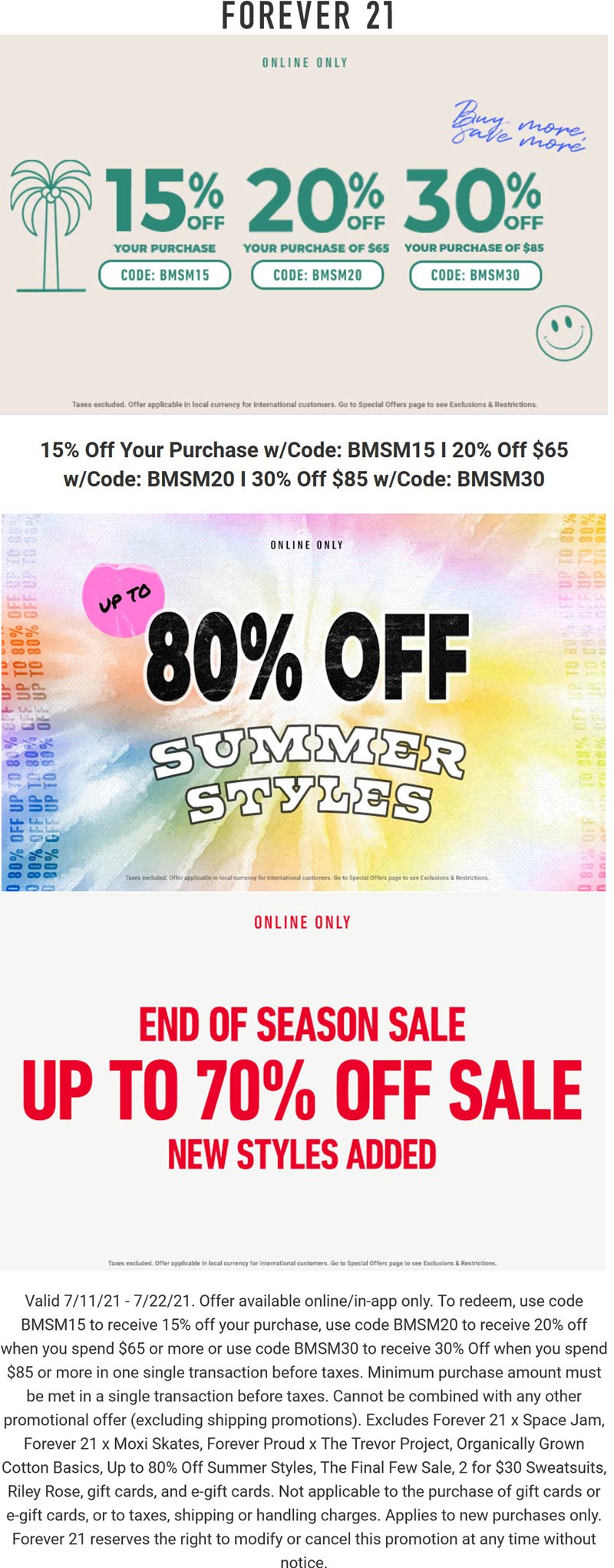 Forever 21 stores Coupon  15-30% off online at Forever 21 via promo code BMSM15 #forever21 