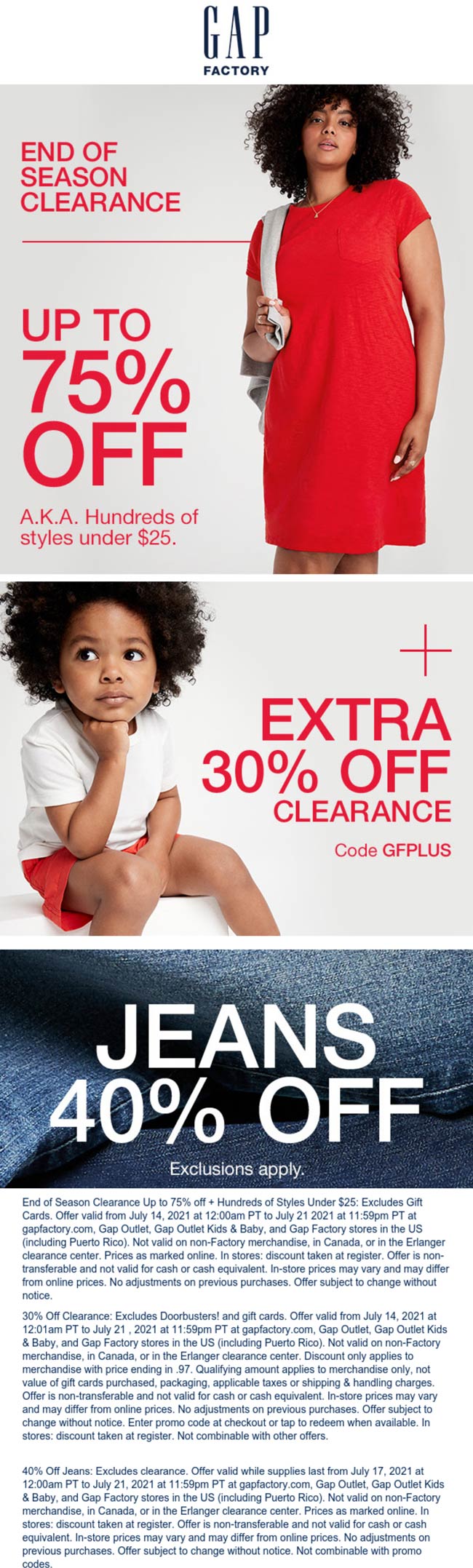Gap Factory stores Coupon  30% off clearance & 40% off jeans at Gap Factory, or online via promo code GFPLUS #gapfactory 