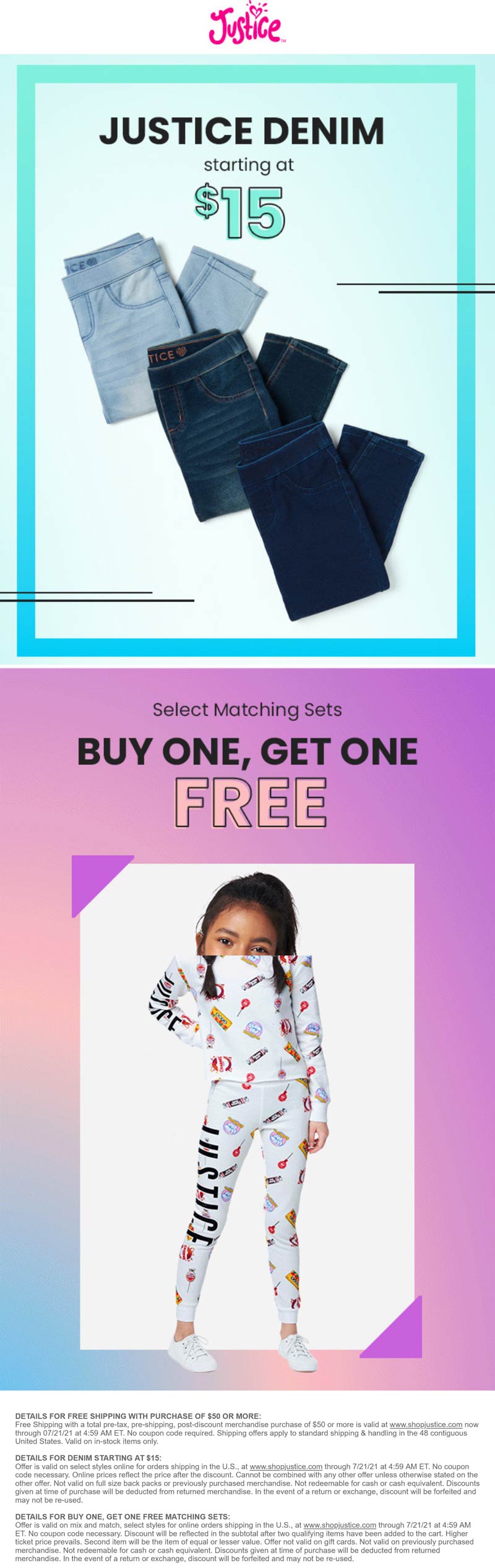 Justice stores Coupon  Second matching set free & $15 denim at Justice #justice 