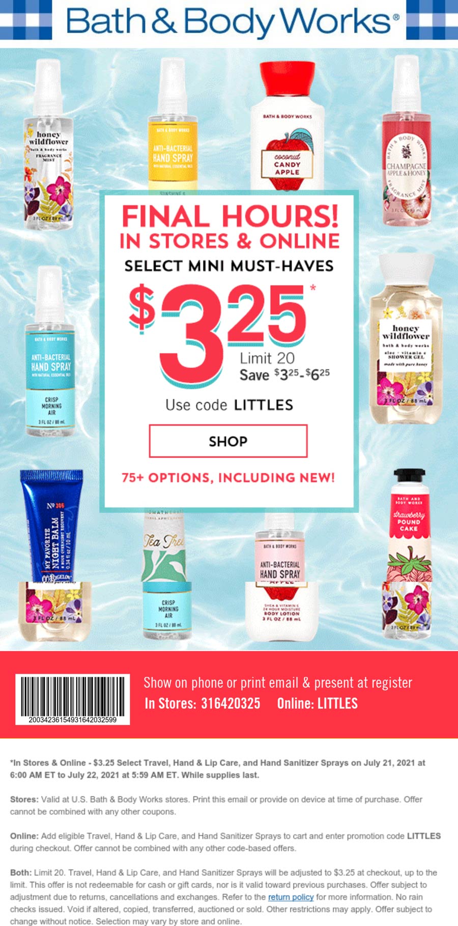 Bath & Body Works stores Coupon  $3.25 minis today at Bath & Body Works, or online via promo code LITTLES #bathbodyworks 