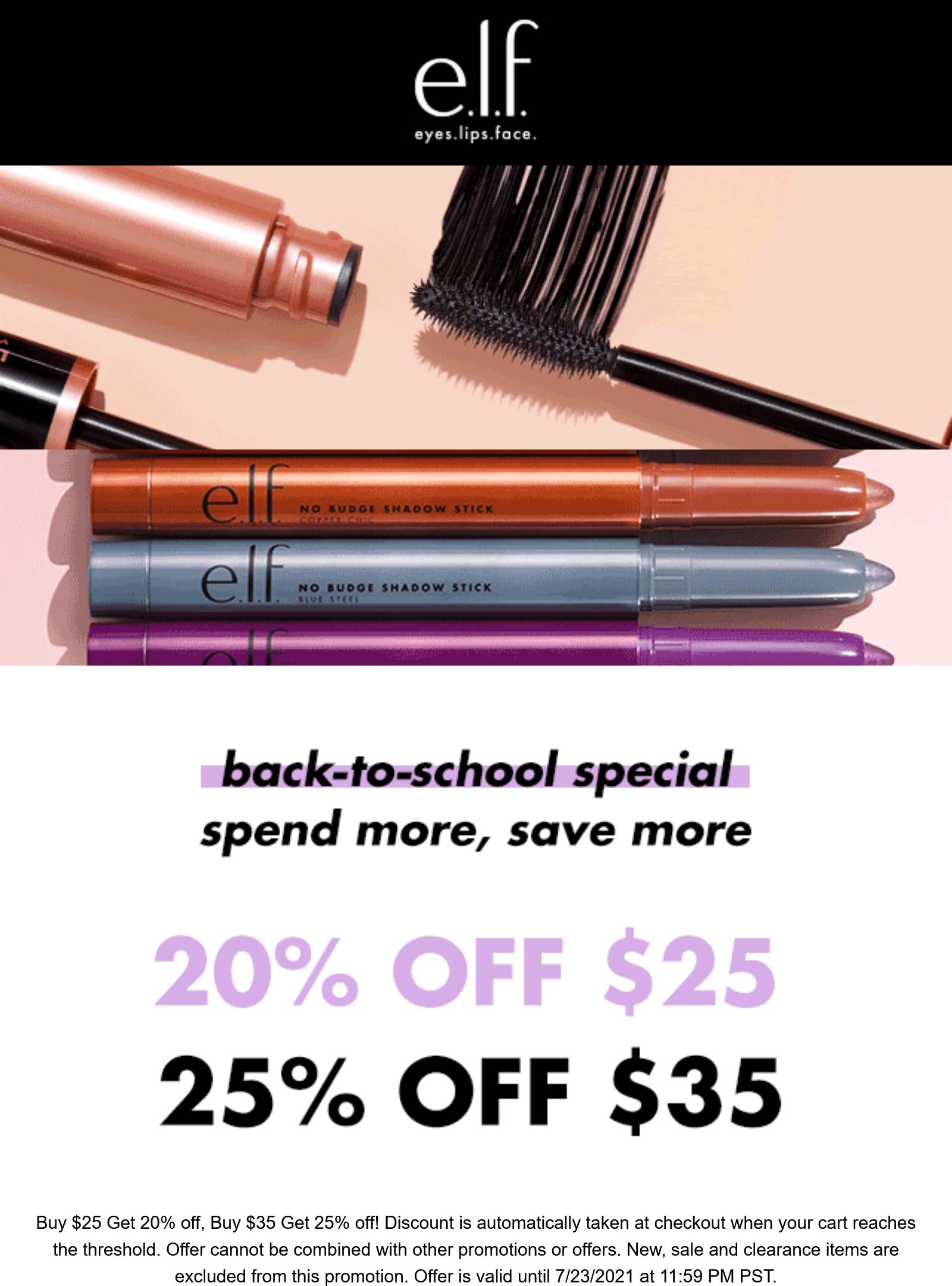 e.l.f. Cosmetics stores Coupon  20-25% off $25+ online at e.l.f. Cosmetics #elfcosmetics 