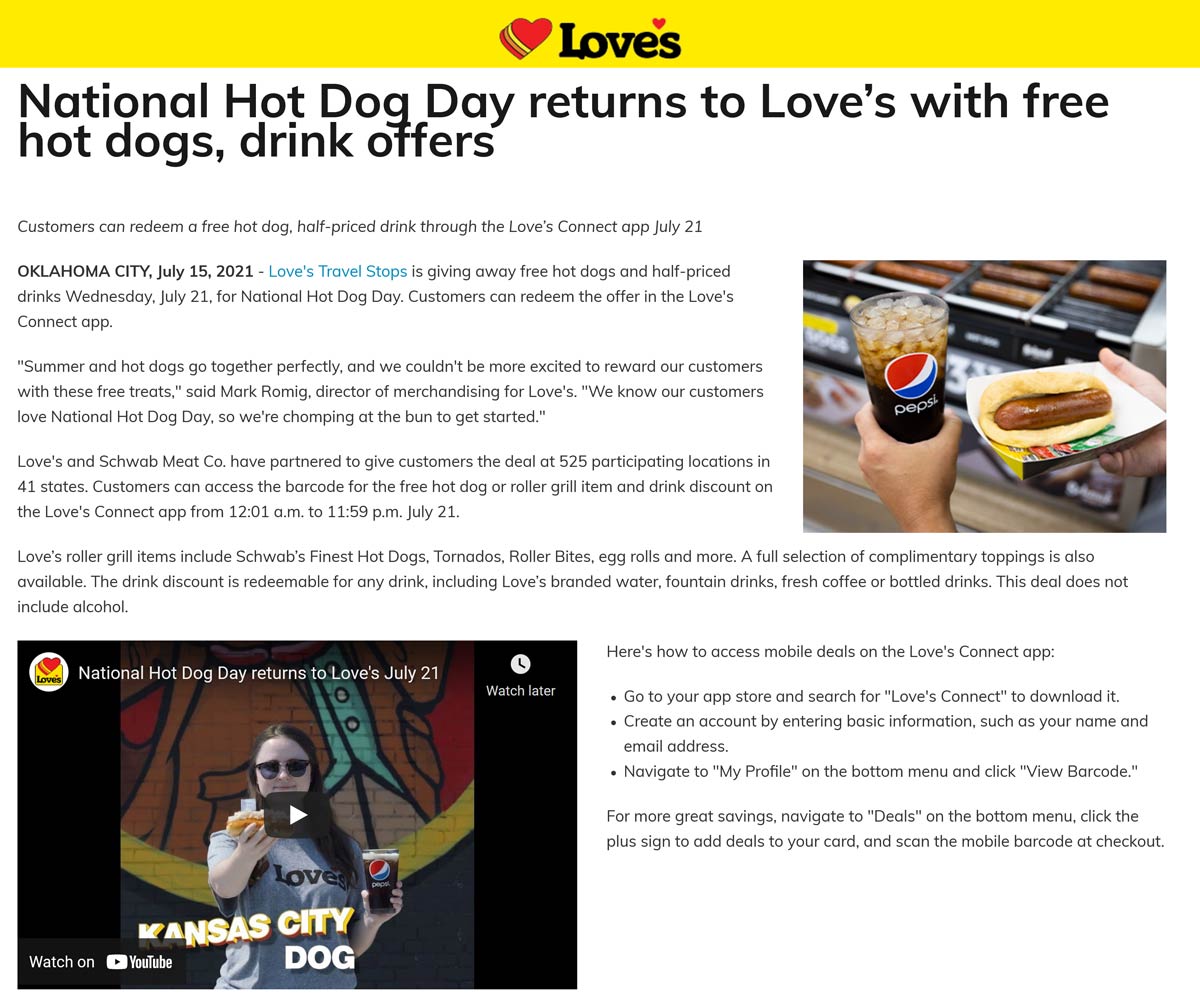 Loves restaurants Coupon  Free hot dog today at Loves gas stations #loves 