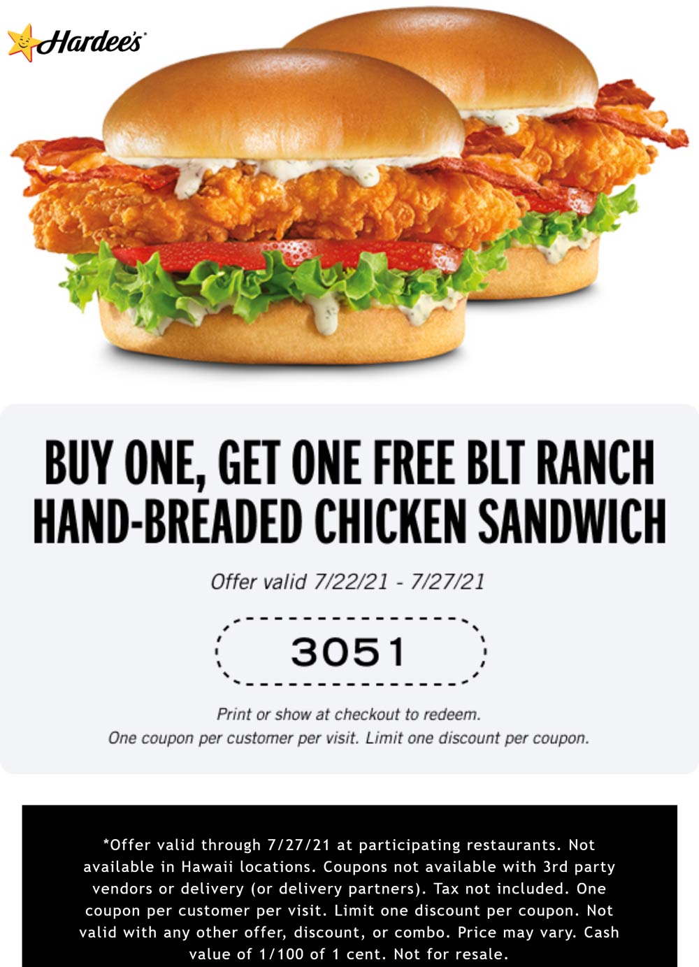 Second BLT chicken sandwich free at Hardees hardees The Coupons App®