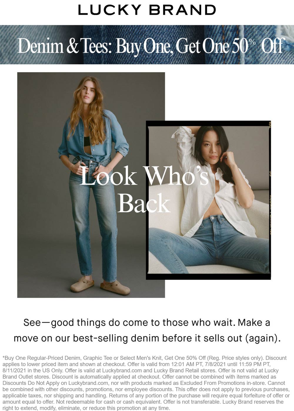 Lucky Brand stores Coupon  Second denim or tee 50% off at Lucky Brand, ditto online #luckybrand 