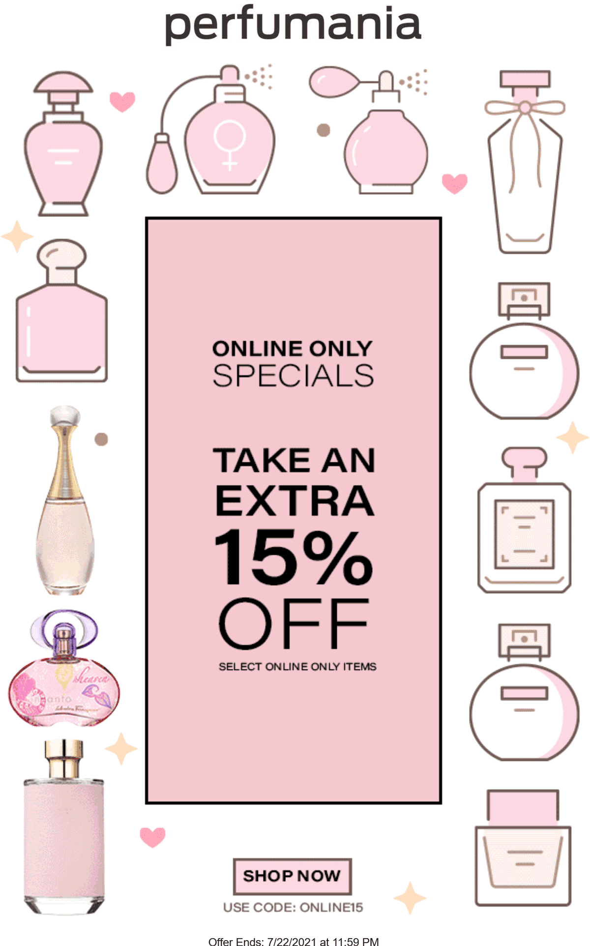 Perfumania stores Coupon  Extra 15% off various online today at Perfumania via promo code ONLINE15 #perfumania 