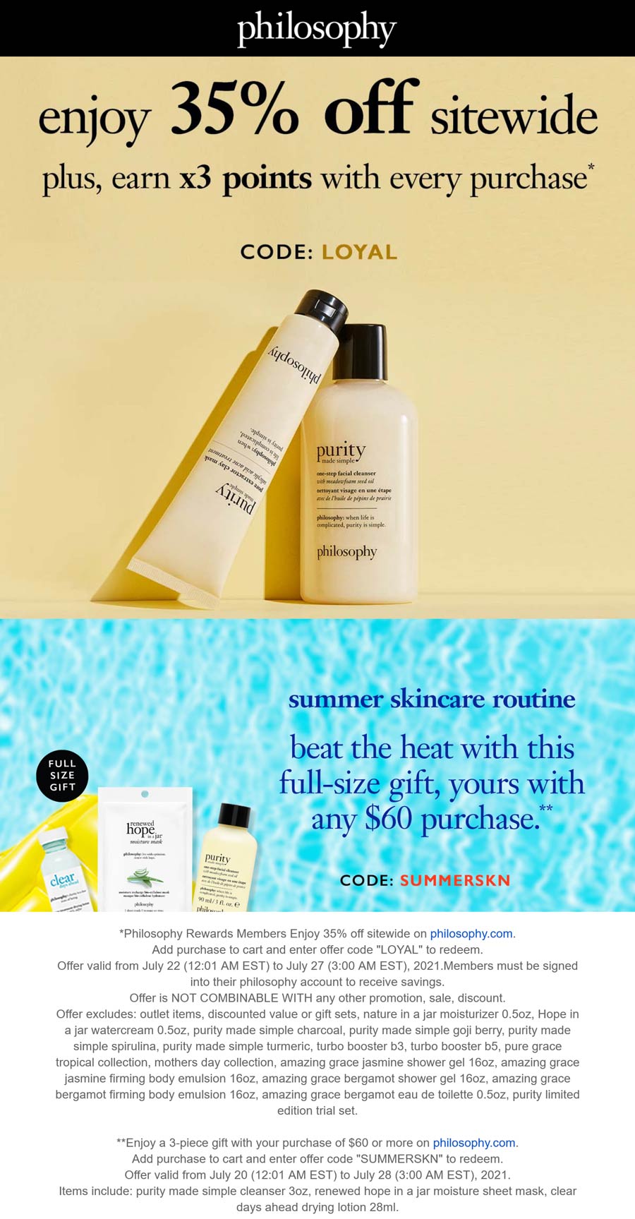 Philosophy stores Coupon  35% off + free full size 3pc set on $60 spent at Philosophy via promo code SUMMERSKN #philosophy 