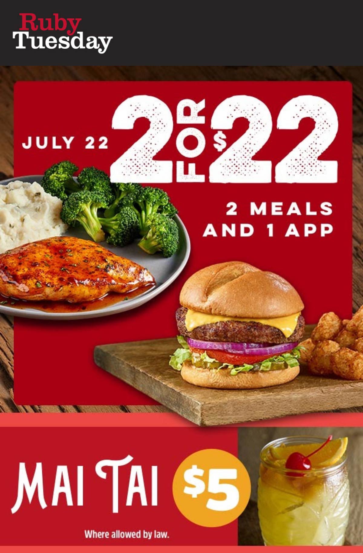 Ruby Tuesday restaurants Coupon  2 meals + appetizer = $22 today at Ruby Tuesday #rubytuesday 