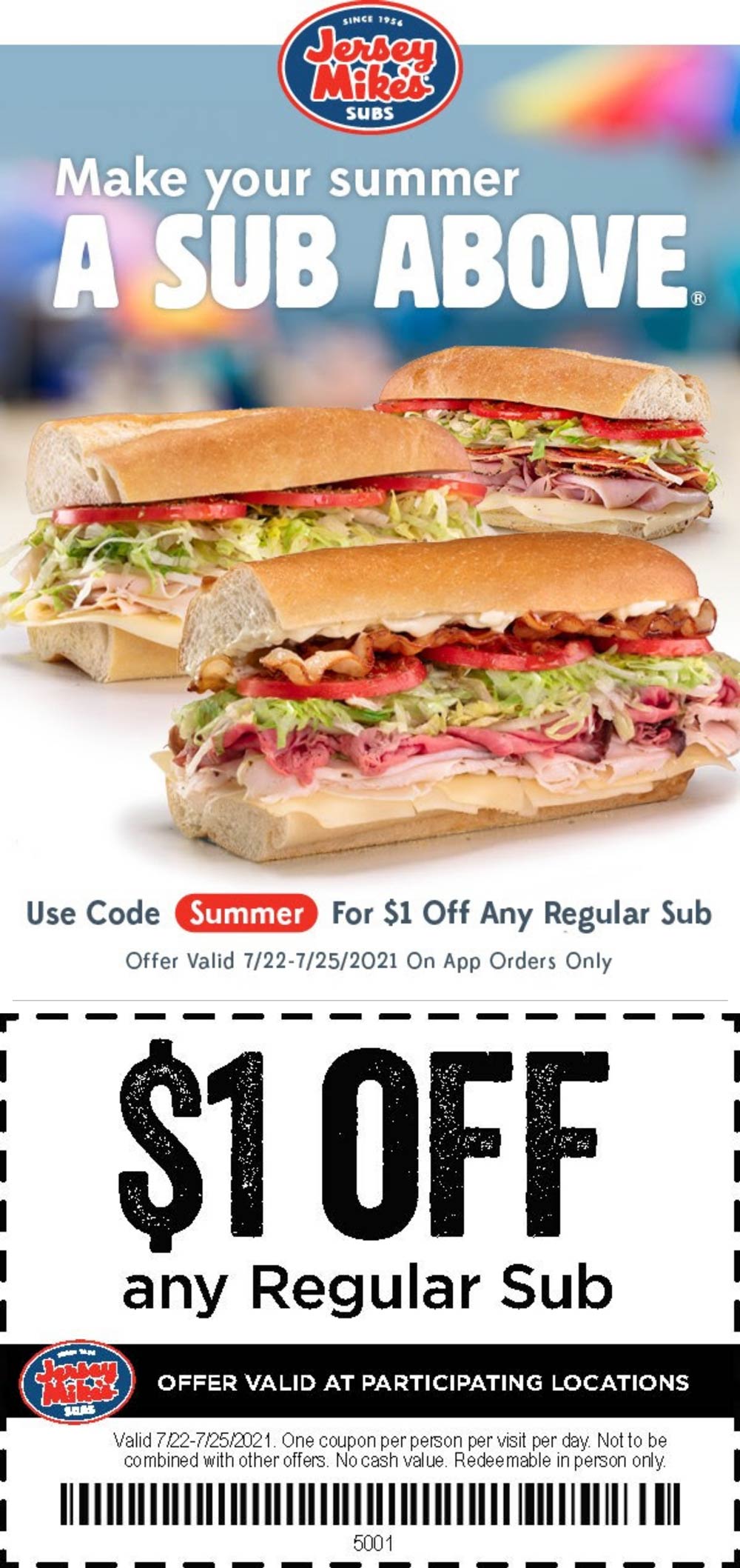 1 off your sub sandwich at Jersey Mikes jerseymikes The Coupons App®
