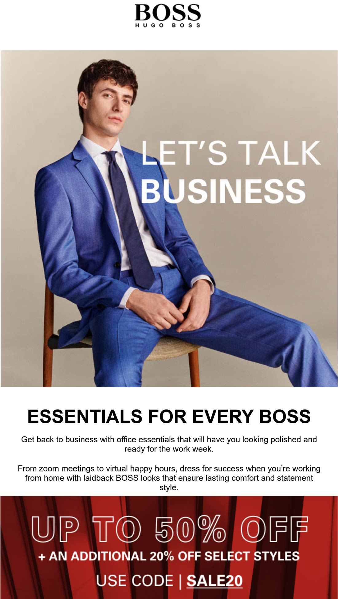 BOSS stores Coupon  Extra 20-50% off sale items at HUGO BOSS via promo code SALE20 #boss 