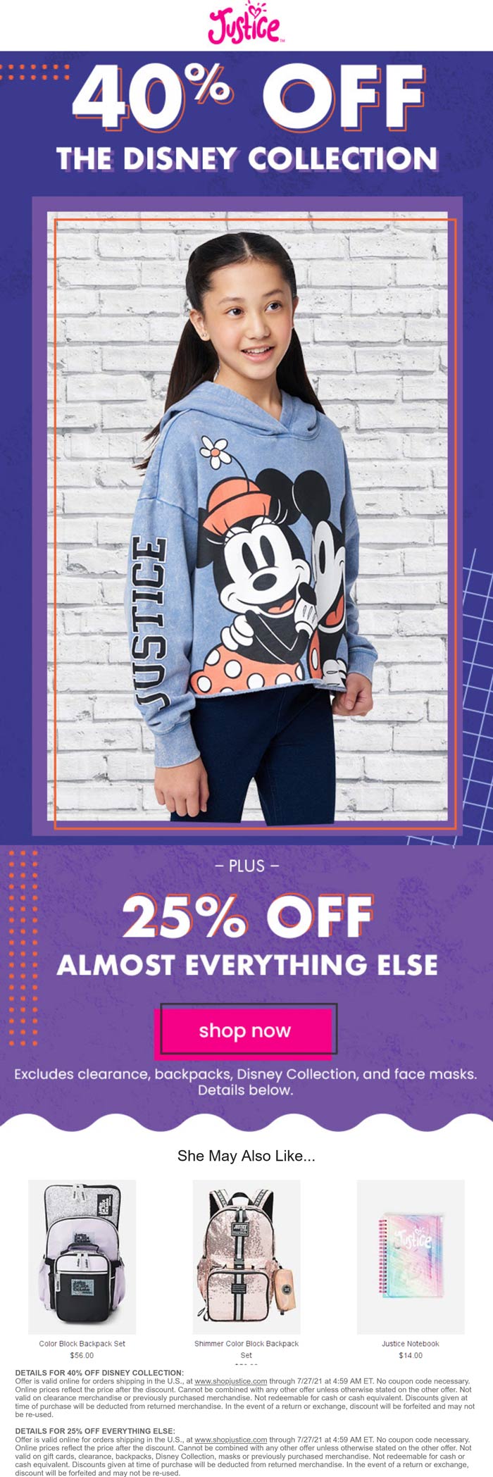 Justice stores Coupon  25% off everything, 40% off Disney at Justice #justice 