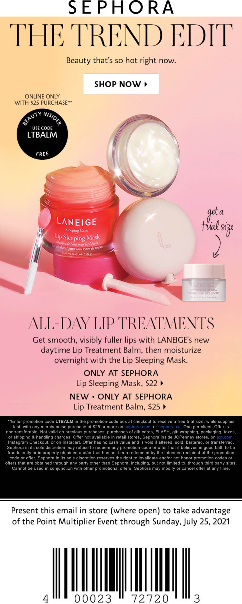 Sephora stores Coupon  Free lip balm with $25 spent online at Sephora via promo code LTBALM #sephora 