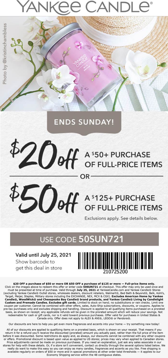 Yankee Candle stores Coupon  $20-$50 off $50+ today at Yankee Candle, or online via promo code 50SUN721 #yankeecandle 