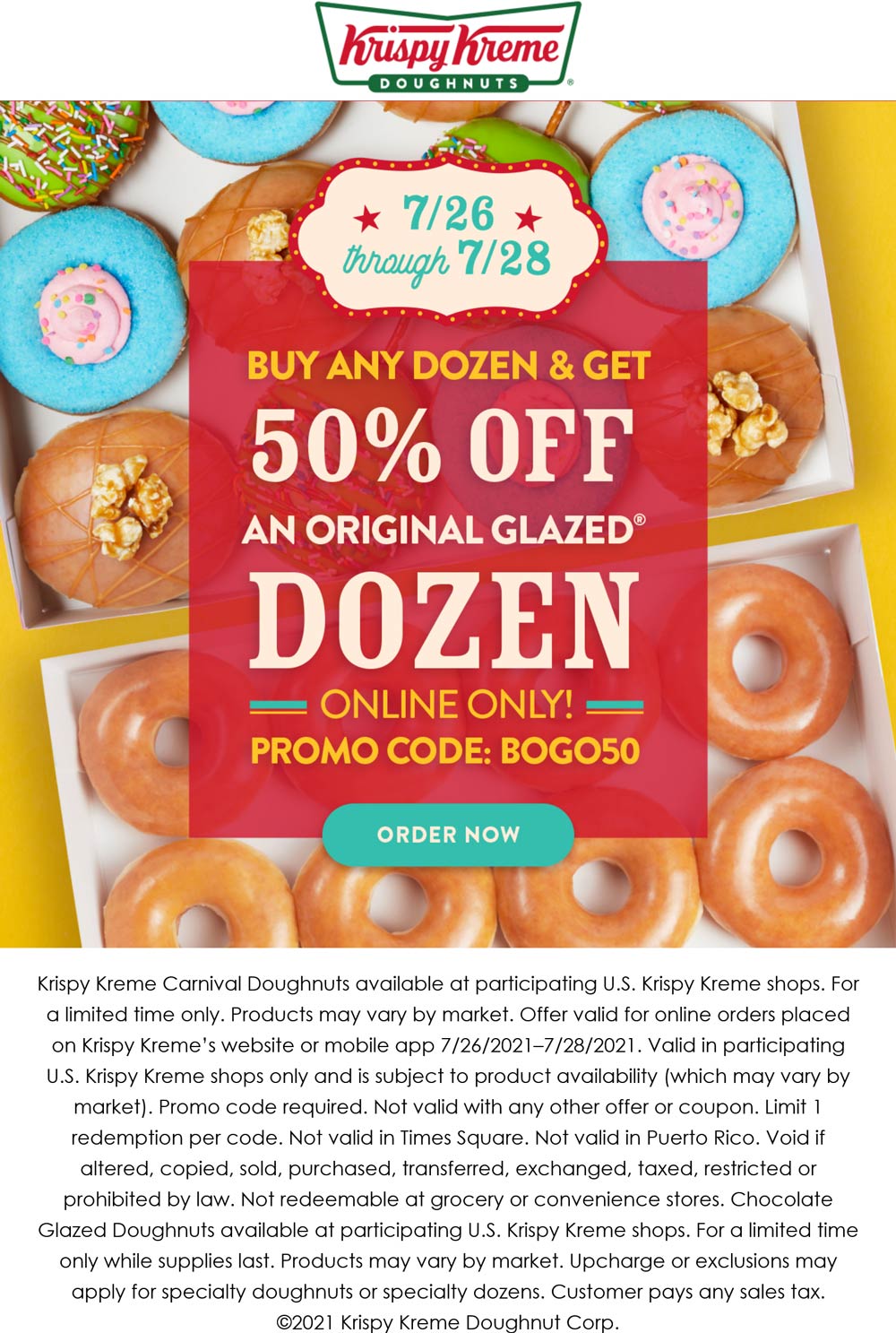 Krispy Kreme restaurants Coupon  Second dozen doughnuts 50% off at Krispy Kreme #krispykreme 