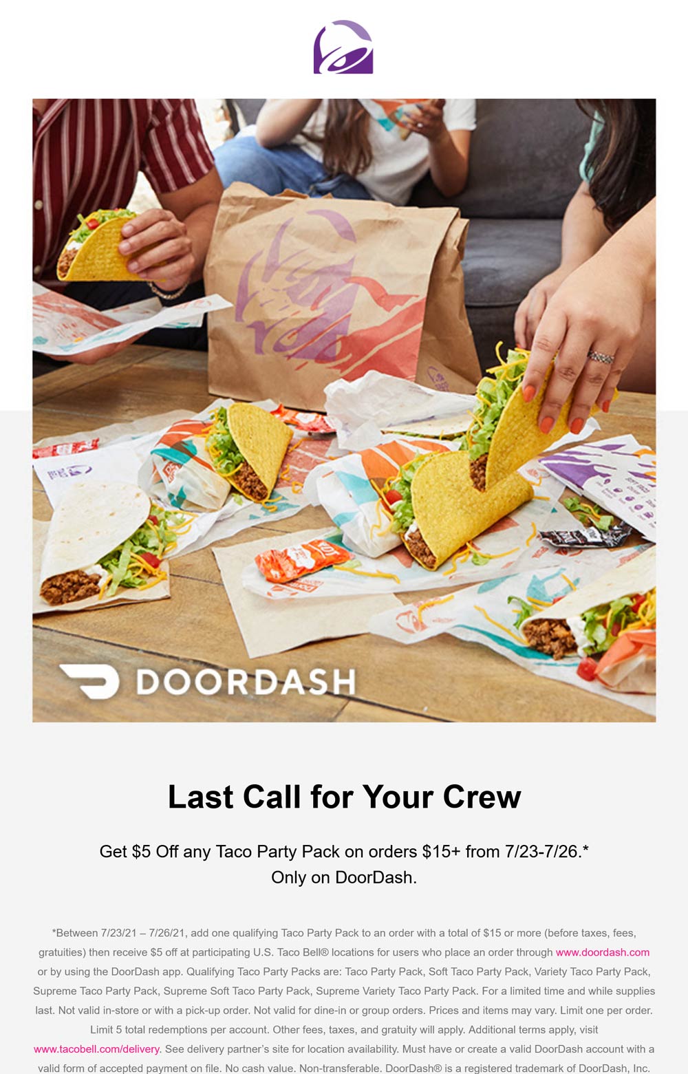Taco Bell restaurants Coupon  $5 off party pack tacos delivered today at Taco Bell #tacobell 