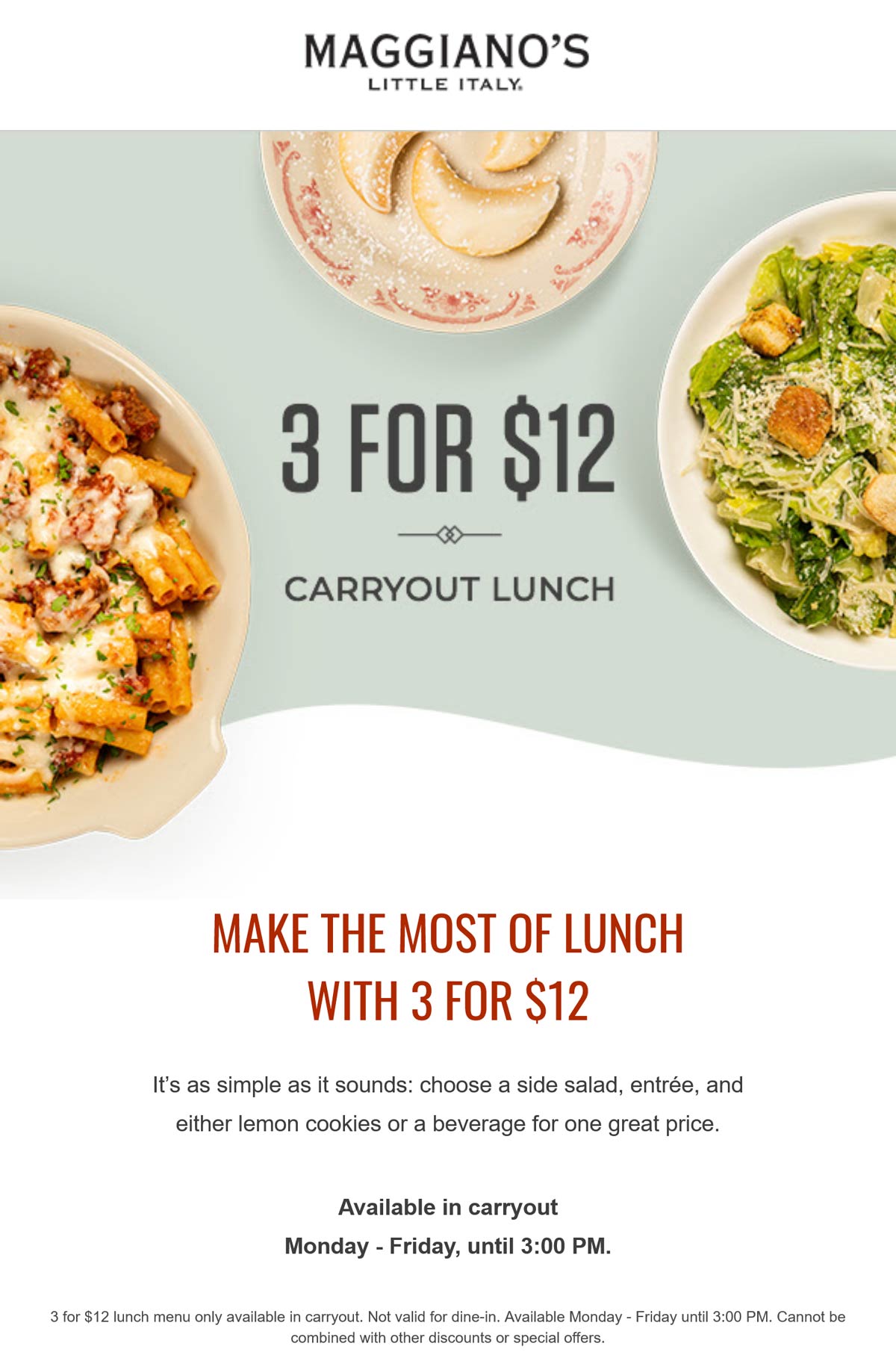 Maggianos Little Italy restaurants Coupon  Entree + salad + beverage = $12 carryout lunch at Maggianos Little Italy #maggianoslittleitaly 