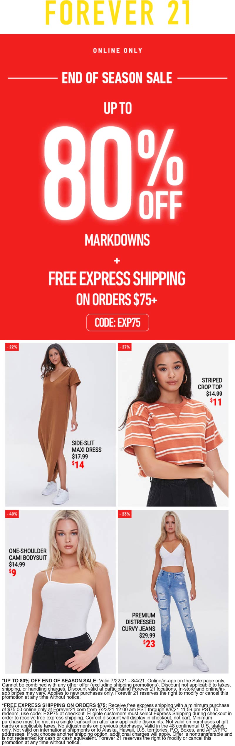 Forever 21 stores Coupon  End of season 80% off online at Forever 21 #forever21 