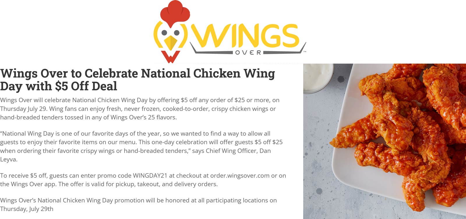 Wings Over restaurants Coupon  $5 off $25 Thursday at Wings Over restaurants via promo code WINGDAY21 #wingsover 