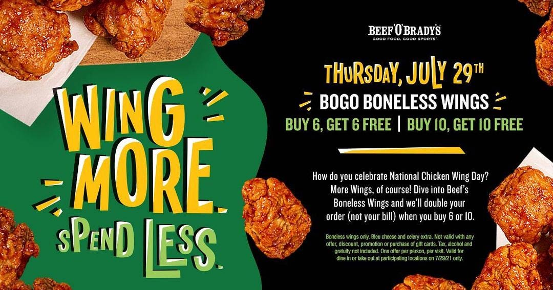 Beef OBradys restaurants Coupon  Second 6 or 10pc chicken wings free today at Beef OBradys #beefobradys 