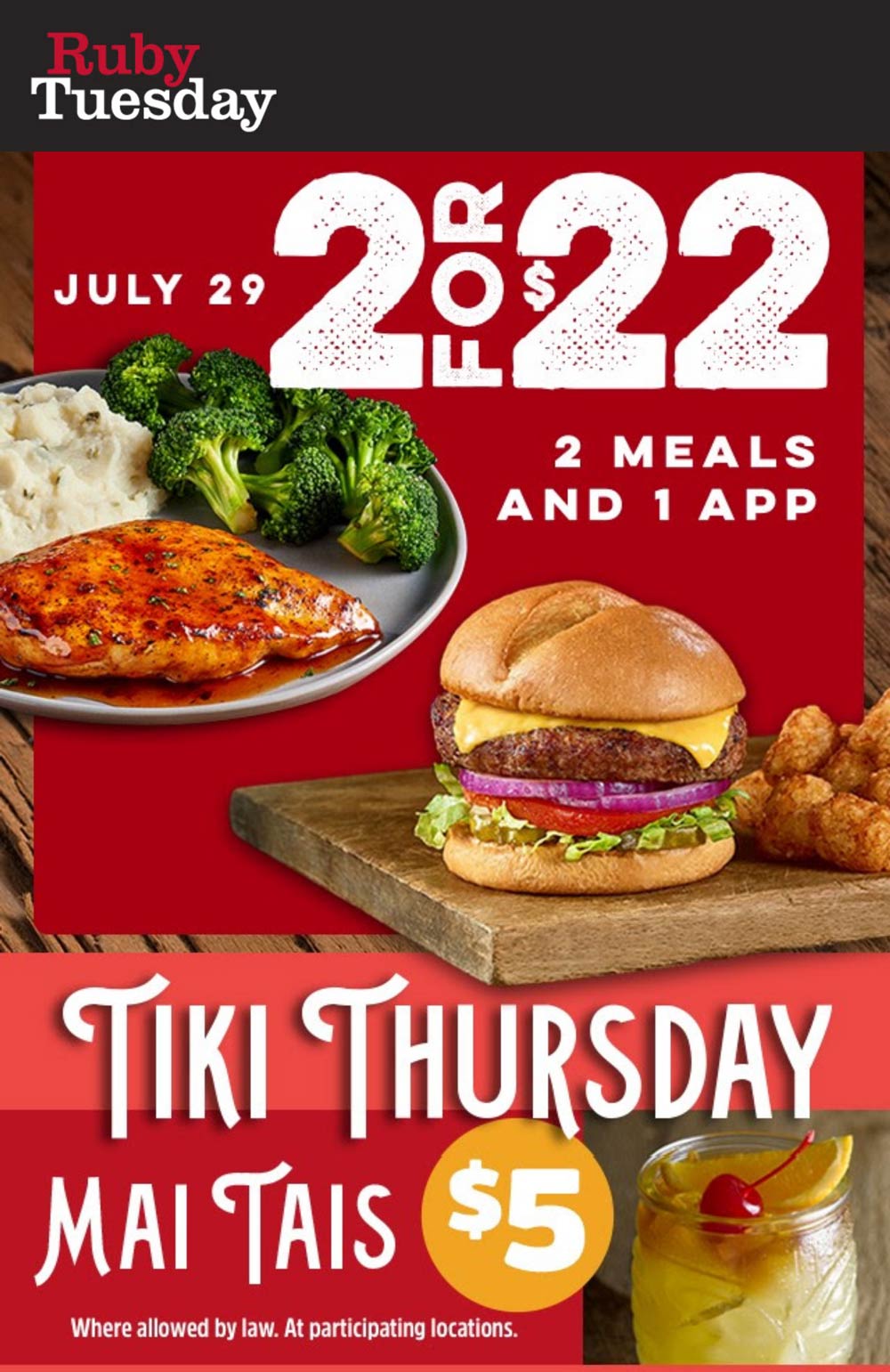 Ruby Tuesday restaurants Coupon  $5 Mai Tais & 2 meals + appetizer = $22 today at Ruby Tuesday #rubytuesday 