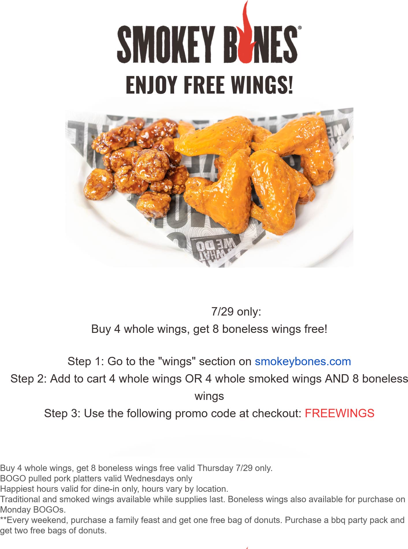 Smokey Bones restaurants Coupon  8 free boneless wings with your 4 regular today at Smokey Bones restaurants #smokeybones 