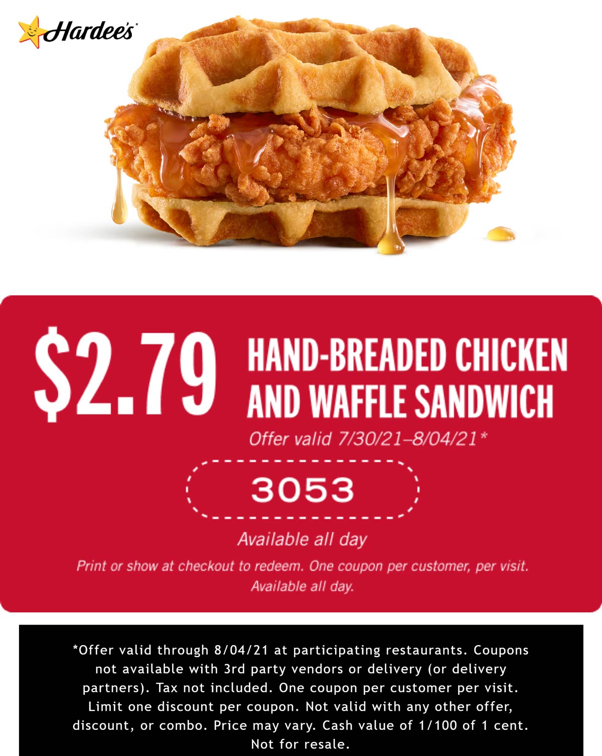 Hardees restaurants Coupon  Chicken + waffle sandwich for $2.79 at Hardees #hardees 