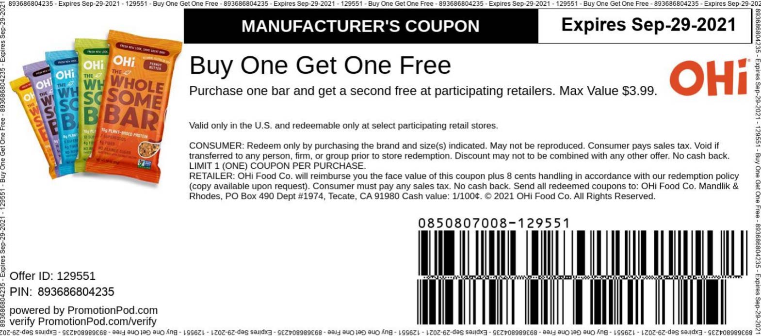 OHi restaurants Coupon  Second $4 OHi protein bar free #ohi 