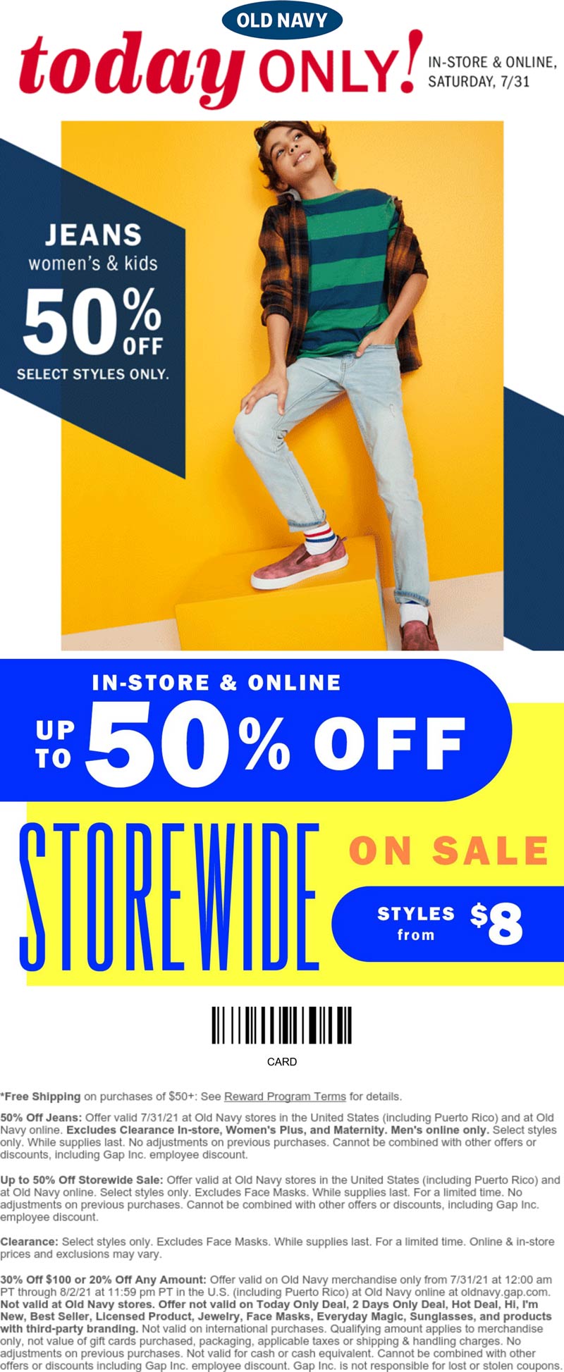 Old Navy stores Coupon  50% off jeans today at Old Navy, ditto online #oldnavy 