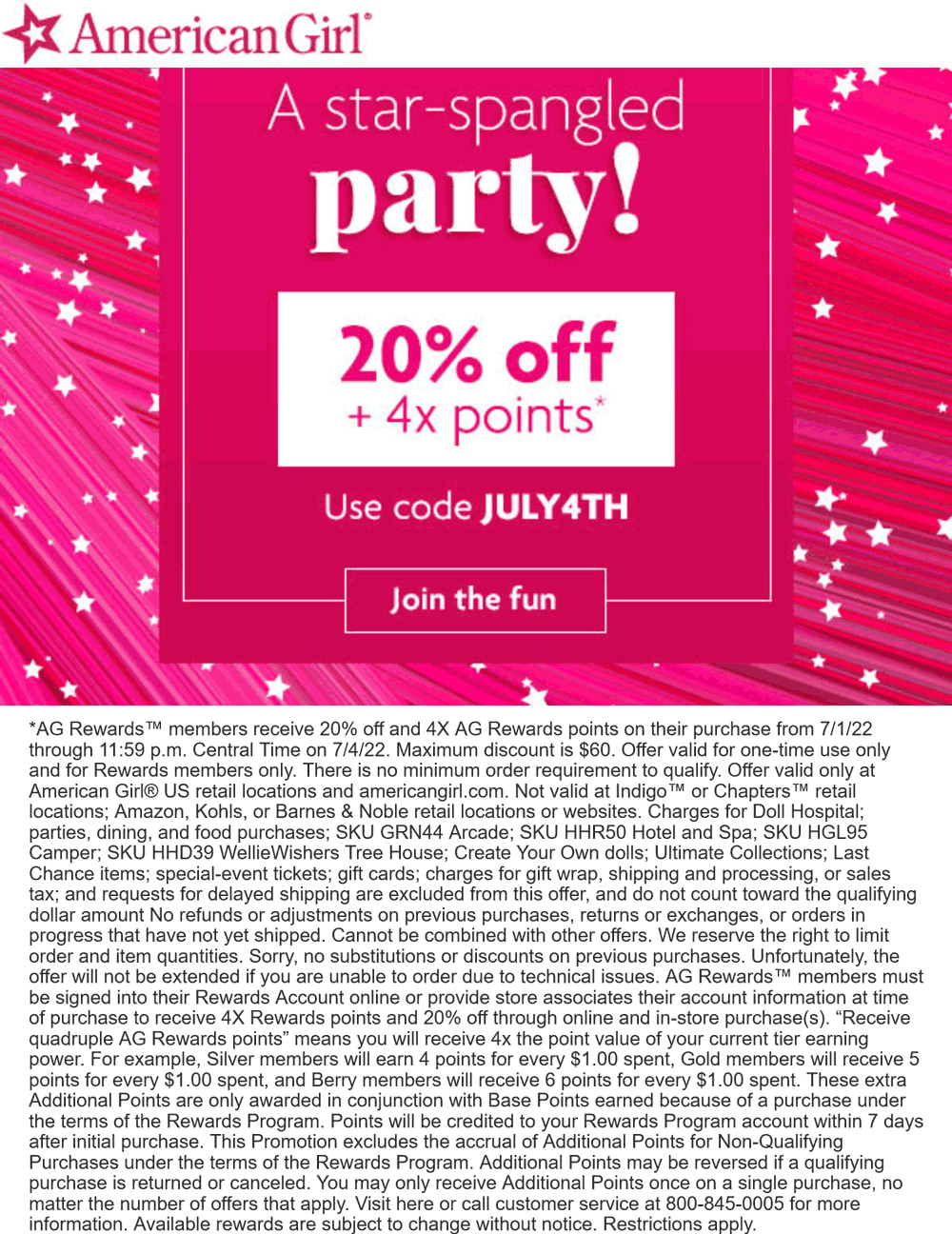 American Girl stores Coupon  20% off at American Girl doll stores, or online via promo code JULY4TH #americangirl 