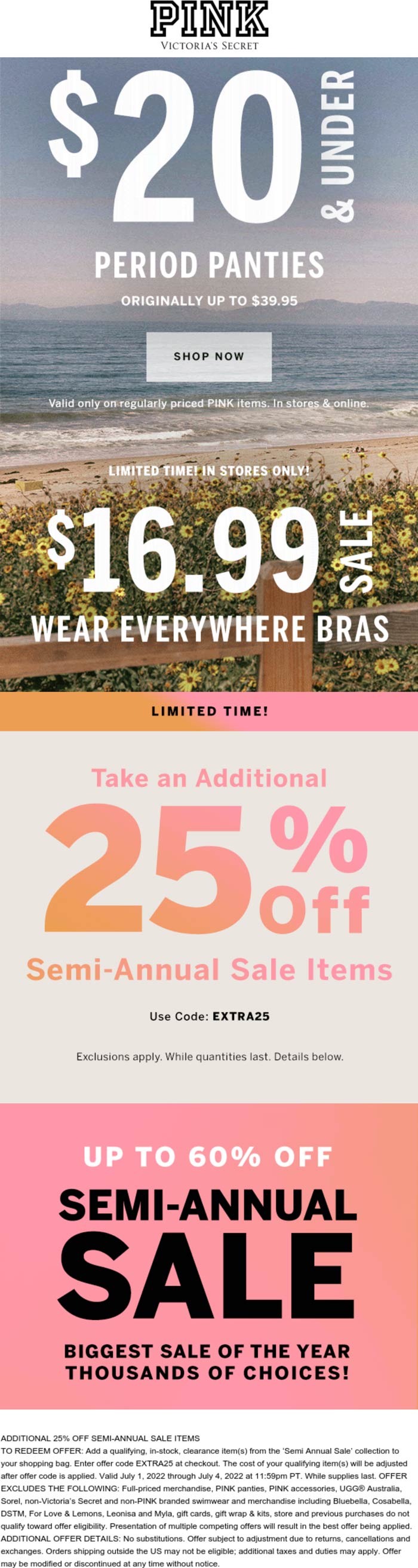PINK stores Coupon  Extra 25% off sale items at PINK via promo code EXTRA25 #pink 