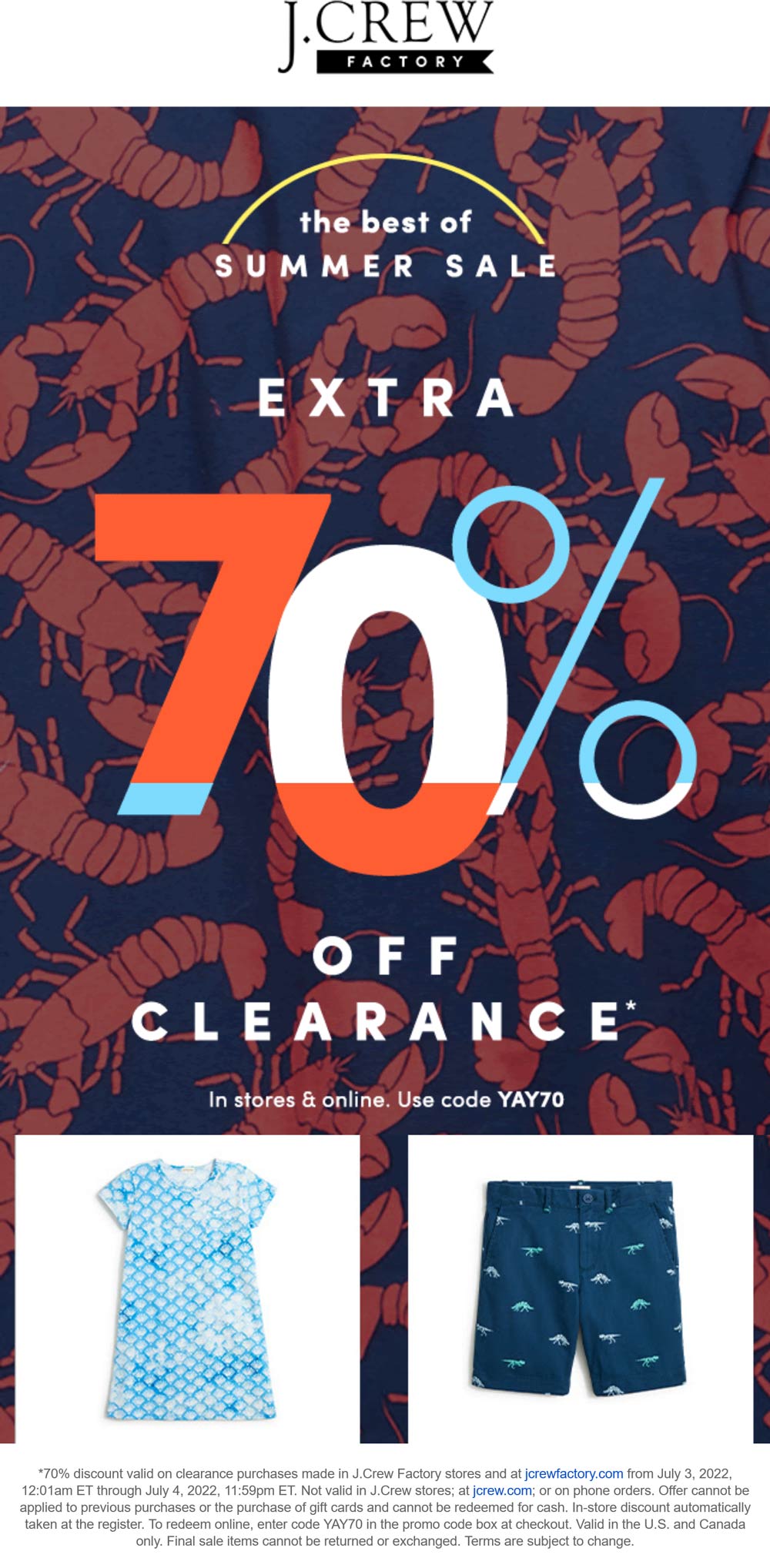 J.Crew Factory stores Coupon  Extra 70% off clearance at J.Crew Factory, or online via promo code YAY70 #jcrewfactory 