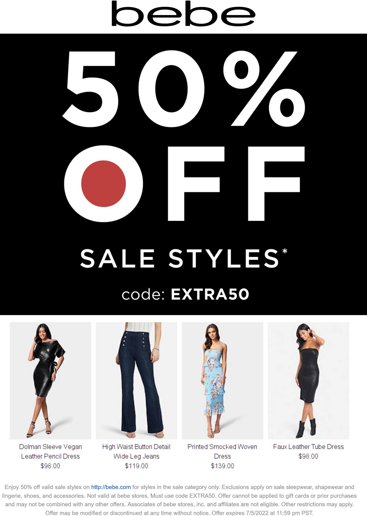 bebe stores Coupon  50% off sale styles online at bebe via promo code EXTRA50 #bebe 