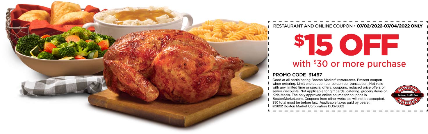 Boston Market restaurants Coupon  $15 off $30 today at Boston Market restaurants #bostonmarket 