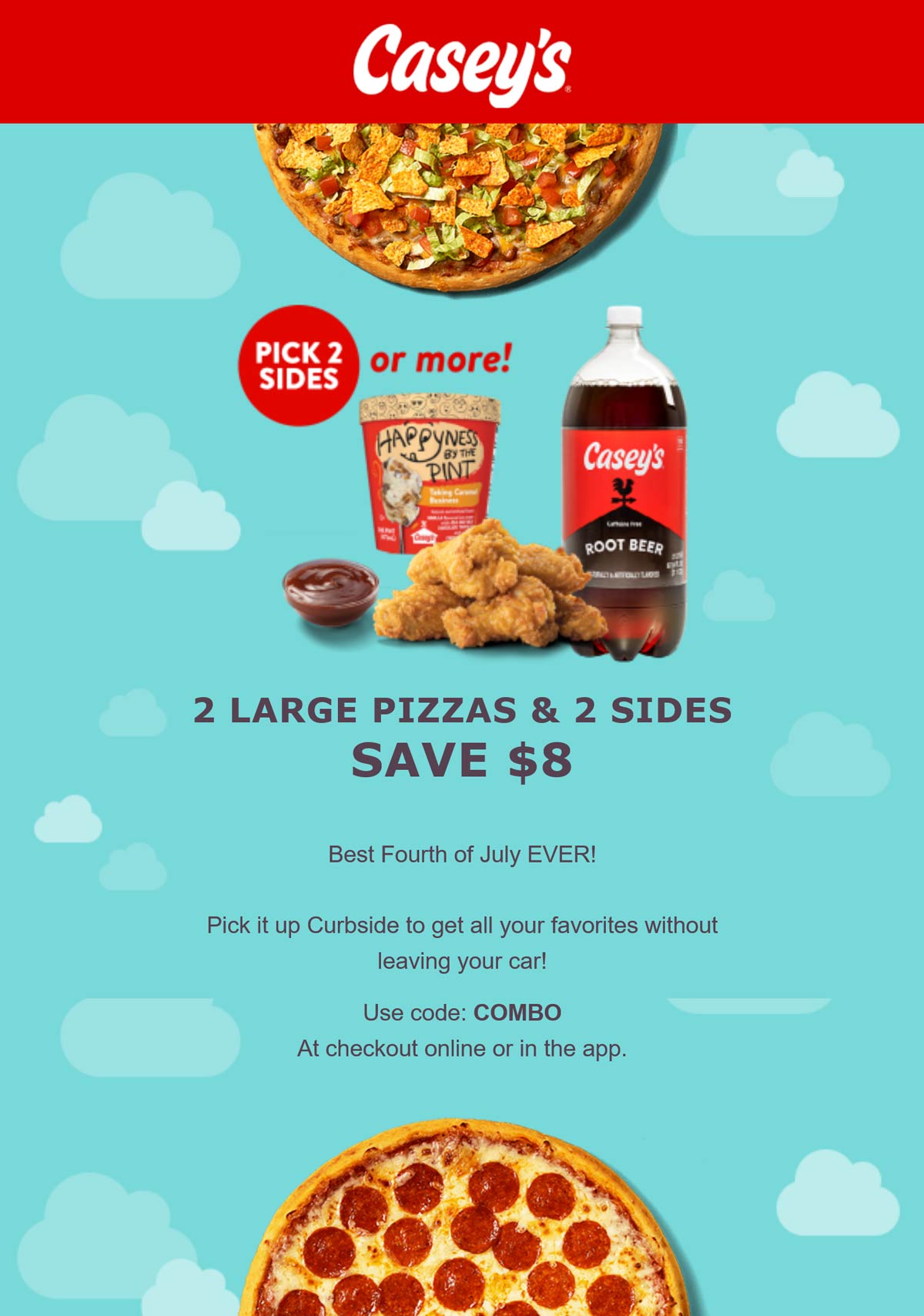 Caseys restaurants Coupon  $8 off 2 pizzas & sides today at Caseys General Store gas stations via promo code COMBO #caseys 