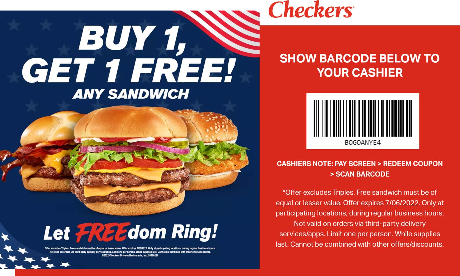 Checkers restaurants Coupon  Second sandwich free at Checkers #checkers 