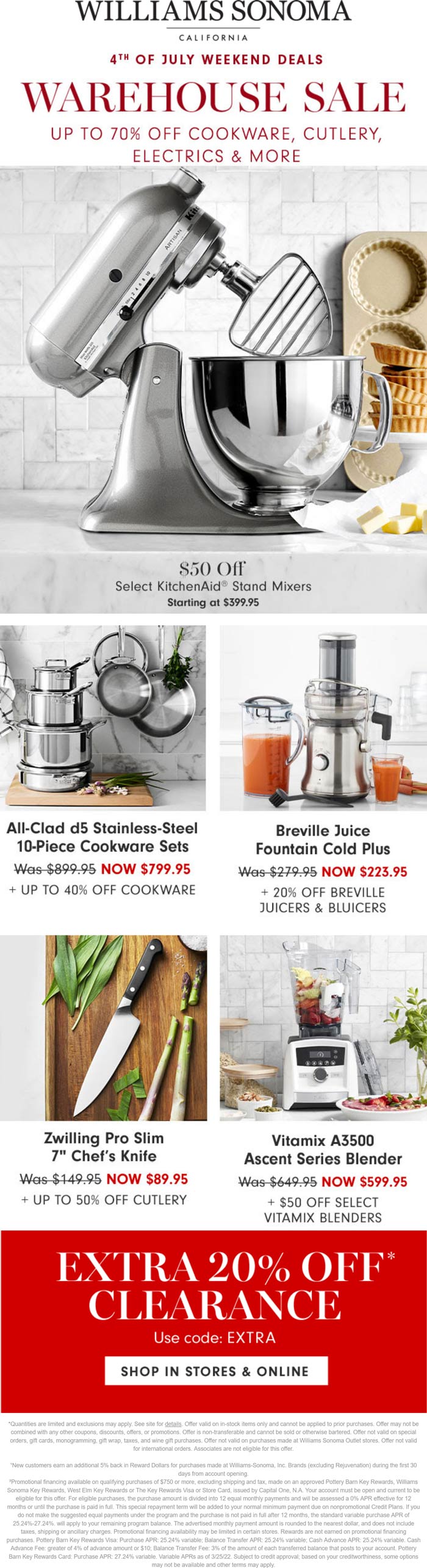 Williams Sonoma stores Coupon  Extra 20% off clearance & more at Williams Sonoma, or online via promo code EXTRA #williamssonoma 