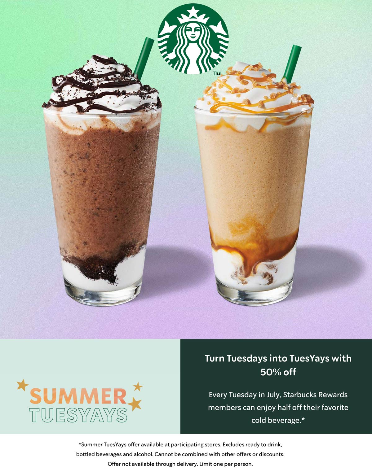Starbucks restaurants Coupon  50% off cold beverages Tuesdays via rewards at Starbucks coffee #starbucks 