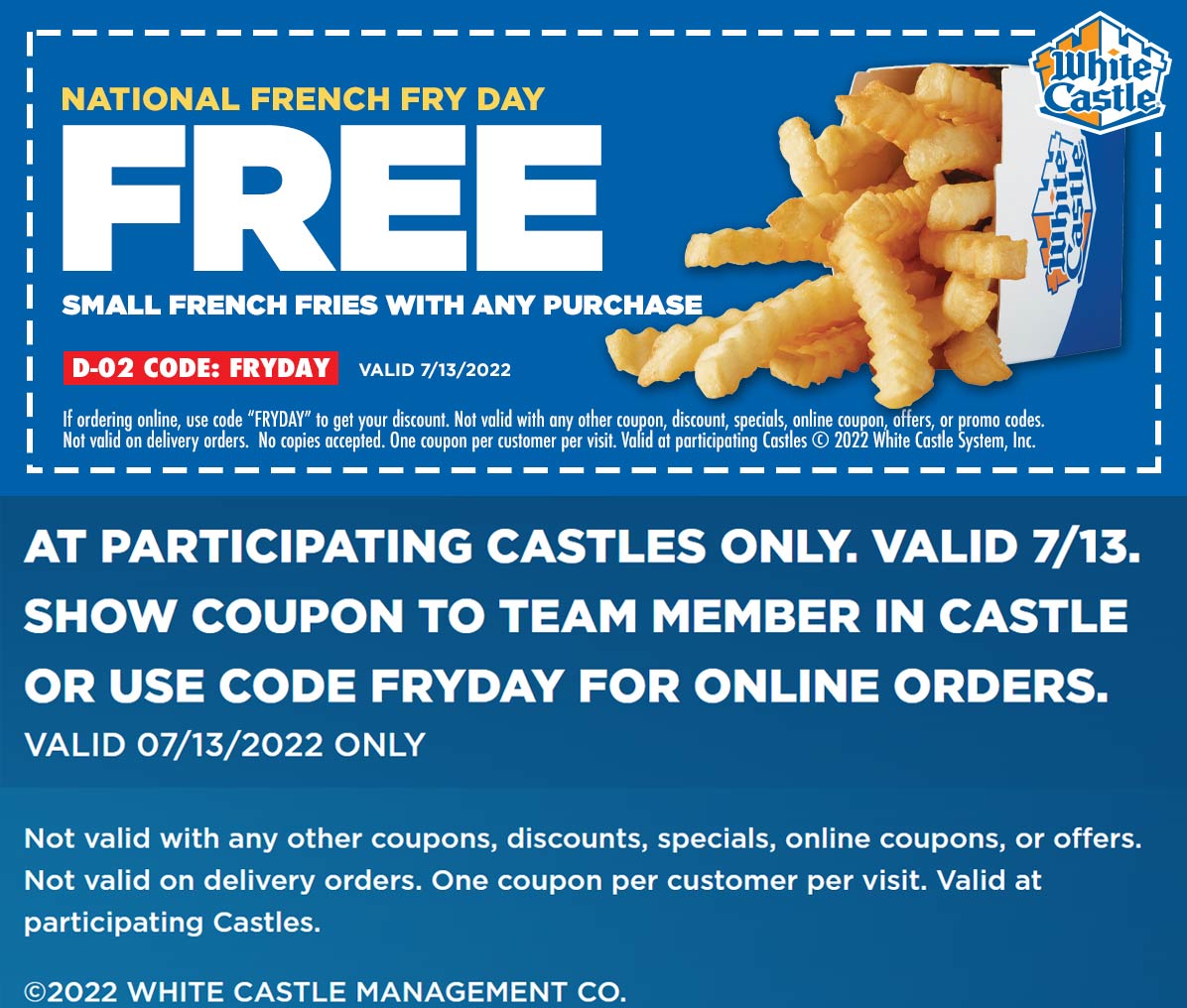 White Castle restaurants Coupon  Free fries with any order the 13th at White Castle restaurants #whitecastle 
