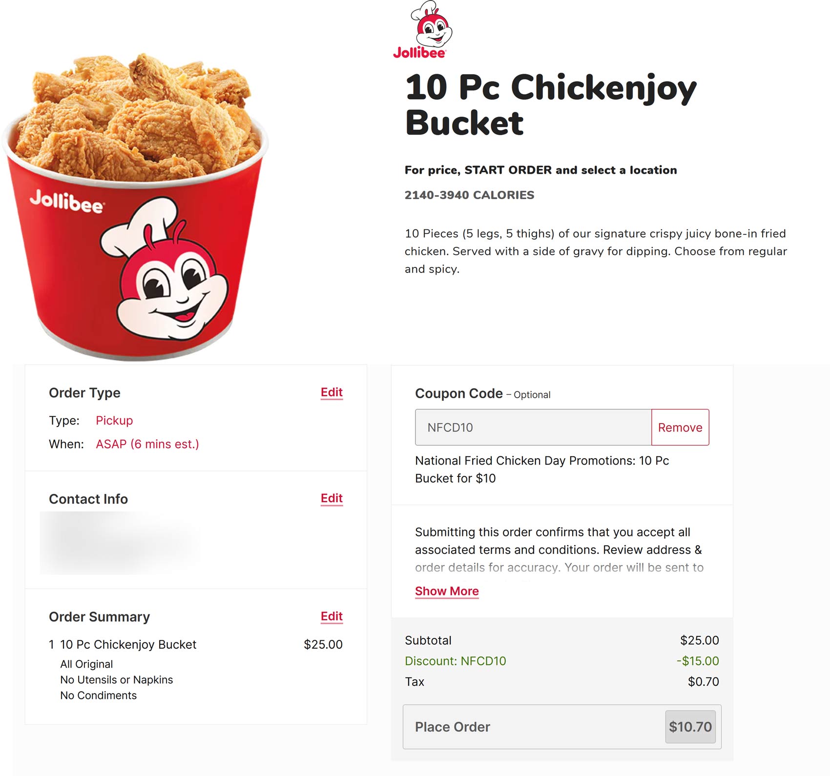Jollibee restaurants Coupon  10pc chicken bucket for $10 today at Jollibee via promo code NFCD10 #jollibee 