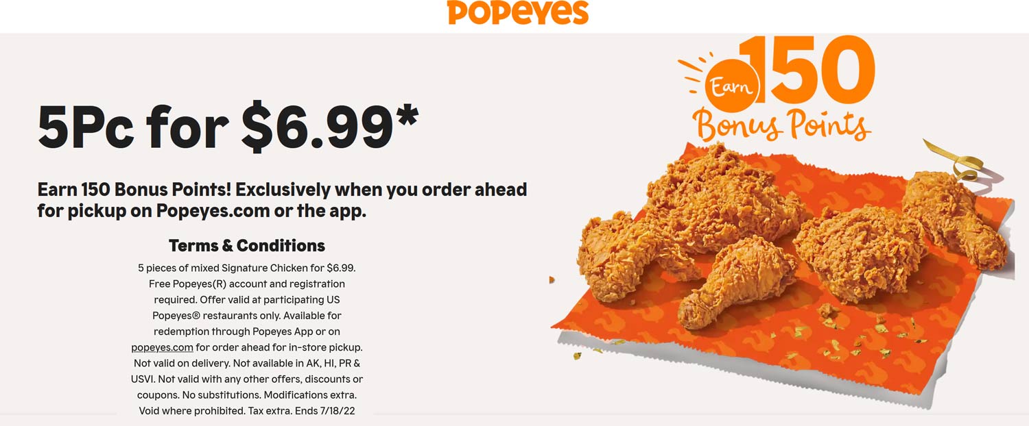 Popeyes restaurants Coupon  5pc chicken = $7 via mobile at Popeyes restaurants #popeyes 