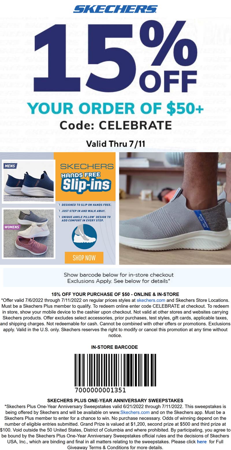 Skechers stores Coupon  15% off $50 at Skechers shoes, or online via promo code CELEBRATE #skechers 